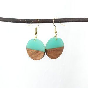 Handcraft Round Opaque Turquoise Resin Walnut Earrings Hypo-Allergenic Gold Tone